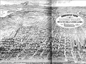 Bird's eye sketch of city streets with houses and trees on each block. An arterial stretches towards the distance. A large mountain is on the horizon and a lake hugs the left side of the drawing. 